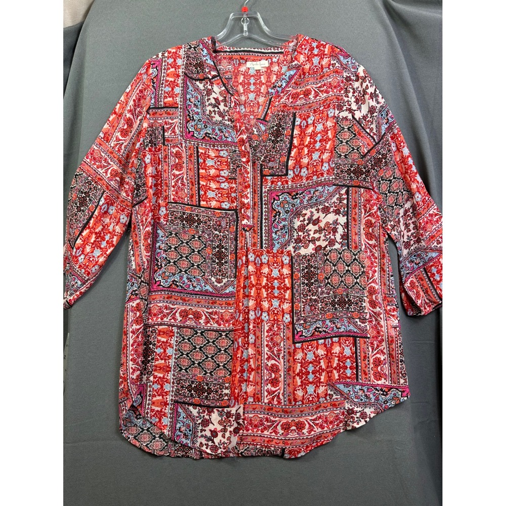Antilia Femme Women Red Patchwork Print Boho Tunic Blouse 3/4 Sleeve size Large